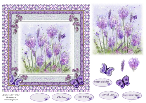 BUTTERFLY HERB GARDEN: 7x7 Quick Card Front with Decoupage, 6 Sentiment Tags & Commercial Use