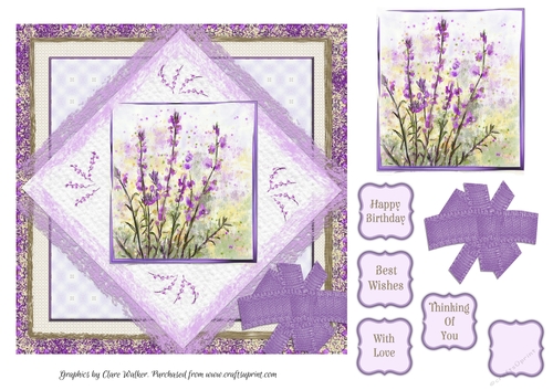 WALLFLOWERS: 7x7 Purple Floral Quick Card With Decoupage 5 Sentiment Tags & Commercial Use