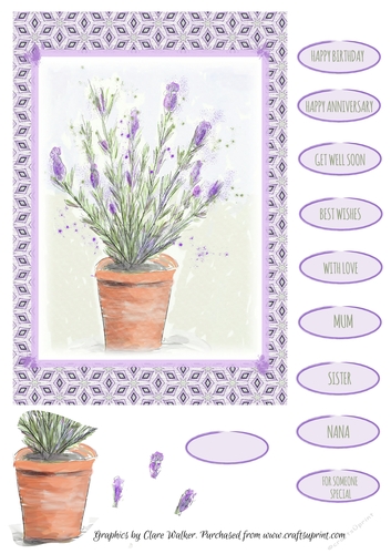 LAVENDER POT: A5 Floral Quick Card WIth Optional Decoupage, 10 sentiment tags & Commercial Use