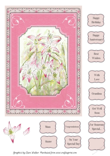 STARGAZER LILIES: A5 Pink Floral Topper With Lily Decoupage, 12 Sentiment Tags & Commercial Use
