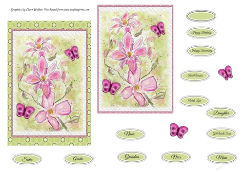 PINK CLEMATIS FLORAL QUICK CARD FRONT: 4 x 6 With Butterfly Decoupage, 13 Sentiment Tags & Commercial Use