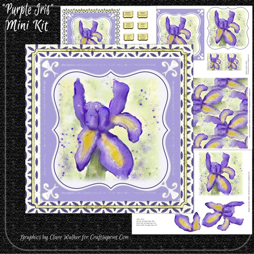 PURPLE IRIS: 7x7 4 Sheet Mini Kit With Decoupage, Insert, 10 Sentiment Tags, Bonus Gift Tag, Background Paper & Commercial Use