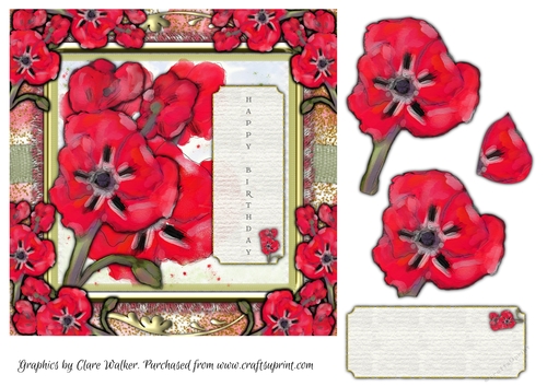RED POPPIES: 7x7 Inch Quick Birthday Card Front With Poppy Decoupage, Extra Blank Sentiment Tag & Commercial Use