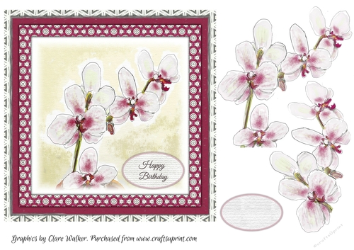ORCHIDS: 7x7 Birthday Quick Card With Orchid Decoupage, Blank Sentiment Tag & Commercial Use