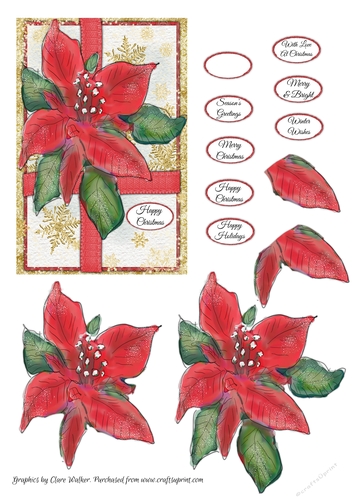 CHRISTMAS POINSETTIA: 4x6 Quick Card With Poinsettia Decoupage, 8 Sentiment Tags & Commercial Use