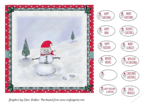 CHRISTMAS SNOWMAN SANTA: 7x7 Quick Card Front With 12 Snowman Sentiment Tags & Commercial Use