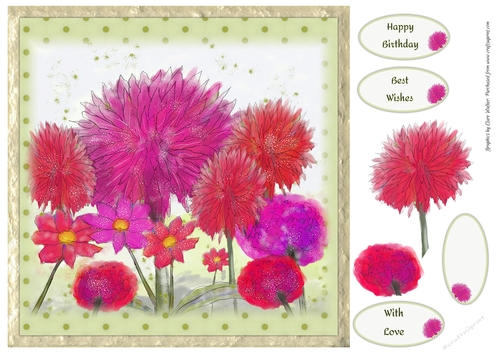 DAHLIAS: 8x8  Floral Topper With Optional Dahlia Decoupage, 4 Sentiment Tags and Commercial Use