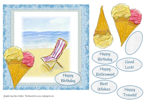 ICE CREAM ON THE BEACH: 7x7 Quick Card Front  With Decoupage, 6 Sentiment Tags & Commercial Use