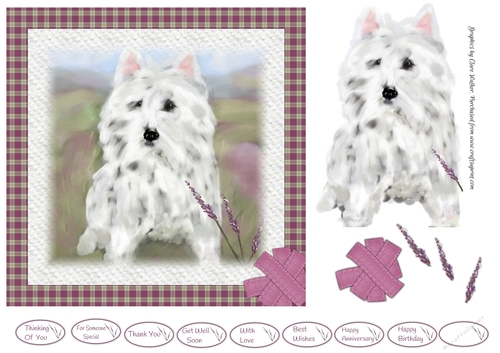 WESTIE IN THE HEATHER: 7x7 Quick Birthday Card Front With Westie Decoupage,9 Sentiment Tags and Commercial Use