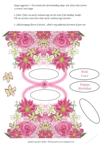 PINK FLORAL HANDBAG-SHAPED CARD:With Decoupage, 3 Sentiment Tags, & Commercial Use