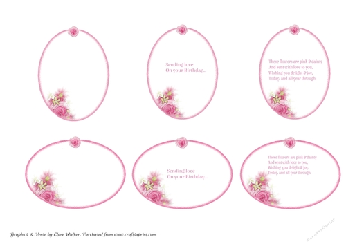 6 PINK FLORAL MINI-INSERTS/MINI TOPPERS: 2 Blank, 4 With Verse, All With Commercial Use