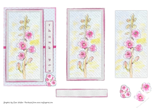 HOLLYHOCKS & POLKA DOTS: 4x6 Step by Step Thank You Card Front with Easy Decoupage & Commercial Use