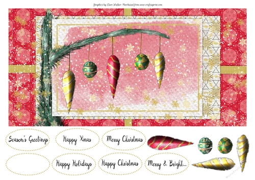 CHRISTMAS ORNAMENTS: Large Card Front, With Decoupage, 7 Sentiment Tags and Commercial Use