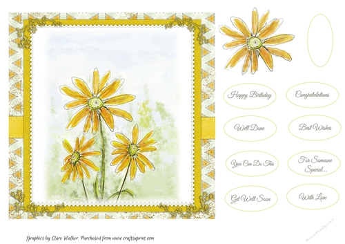 YELLOW DAISIES: 7x7 Uplifting Quick Card With 9 Sentiment Tags & Decoupage