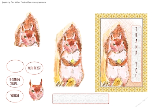 RED SQUIRREL: 6x4 Thank You Topper With Optional Decoupage, 5 Additional Sentiment Tags & Commercial Use