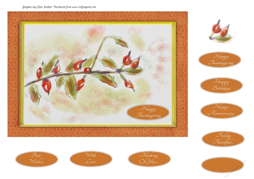 HAPPY THANKSGIVING BERRIES: A5 Quick Card With Decoupage, 8 Sentiment Tags & Commercial Use