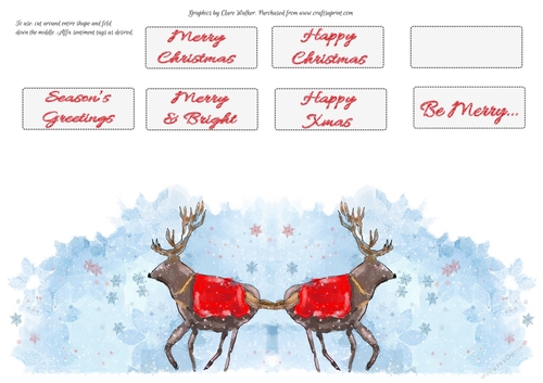 CHRISTMAS REINDEER IN THE SNOW: Shaped Card With & Sentiment Tags & Commercial Use