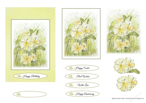 PRIMROSES: 4x6 Topper for Birthdays/Easter/Other Occasions, With Decoupage & 5 Sentiment Tags