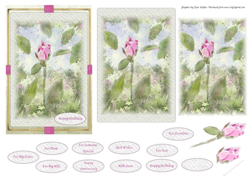 PINK ROSEBUD: 4x6 Birthday/Female Occasion Card With Decoupage, 11 Sentiment tags & Commercial Use