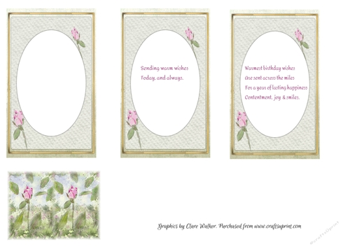 3 PINK ROSEBUD INSERTS:1 Blank, 2 With Verse, & Bonus Gift Tag/Mini Topper