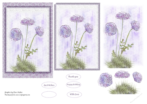 PURPLE FLORAL QUICK CARD: 4x6 Thank You/Birthday/Other Occasion Card, With Decoupage & 5 Sentiment Tags