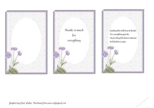 3 PURPLE FLORAL INSERTS: 1 Blank, 2 With Thankyou/Appreciative Verse