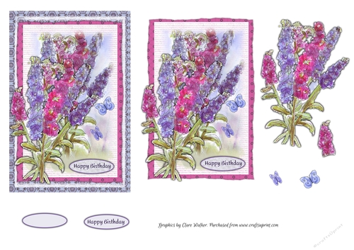 PINK & PURPLE STOCKS FLOWERS: 4x6 Card With Butterflies, Decoupage & Commercial Use