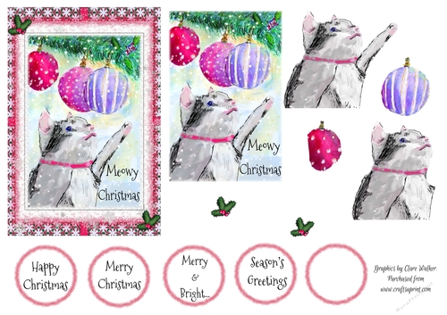 CHRISTMAS CAT & BAUBLES: 4x6 Quick Card With Decoupage & 5 Sentiment Tags