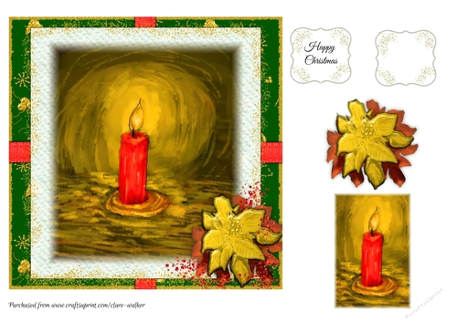 CHRISTMAS CANDLE & GOLD POINSETTIA: 7 by 7 Quick Card With Decoupage, Mini Topper & Tags