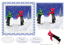 CUTE PENGUINS CHRISTMAS CARD: 6 by 6 Quick Card With Easy Decoupage & 3 Sentiment Tags
