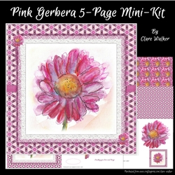 PINK GERBERA FLOWER: 5-Page Mini-Kit With Decoupage, Insert, 4 Verses, 6 Sentiments, & 2 Backgrounds 