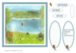 LAKE SCENE WITH KAYAK: 7x7 Quick Card With Mini Blank and Verse Toppers, Small Decoupage and 4 Sentiment Tags