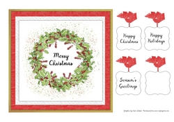 CHRISTMAS HOLLY WREATH: 7x7 Watercolour Card Front With 4 Sentiment Tags