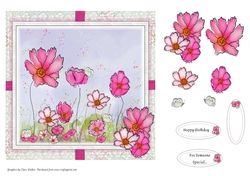 PINK COSMO FLOWERS, BUTTERFLIES AND LACE: 7x7 Floral Card Front With Decoupage
