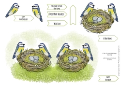 NEST-SHAPED CARD, With Blue Tit Birds, Decoupage and New Home/Other Occasion Tags