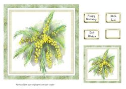 MIMOSA FLOWERS: 7x7 Yellow Floral Watercolour Quick Card With Mini Topper Gift Tag and 4 Sentiments