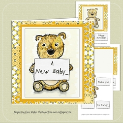 TEDDY BEAR BABY CARD-7 by 7 inch Easy Decoupage and insert Mini Kit, with 7 Sentiment Tags & Commercial Use