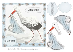 STORK & DAISIES BLUE BABY BOY CARD Topper with Extra Decoupage