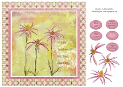 PINK CONEFLOWERS: 8x8 Birthday Floral Quick Card With Extra Decoupage and Commercial Use