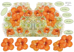 NASTURTIUMS: Orange Floral Shaped Card, With Orange Floral Decoupage, 7 Sentiment Tags & Commercial Use