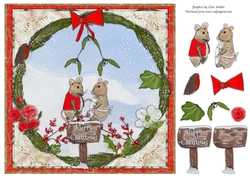 CUTE MICE CHRISTMAS WREATH: 8x8 Quick Christmas Card Front with 7 Christmas Decoupage Elements, 2 Sentiment Tags & Commercial Use
