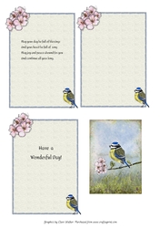 3 BLUE TIT & BLOSSOM INSERTS: 1 Blank, 2 With Verse, Plus Bonus Gift Tag