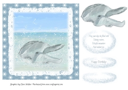 DOLPHIN:Birthday Quick Card With Easy Decoupage & Mini Verse Topper With Commercial Use