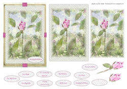 Image of cup1099775_79993 - PINK ROSEBUD: 4x6 Birthday/Female Occasion Card With Decoupage, 11 Sentiment tags & Commercial Use