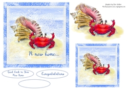 NEW HOME HERMIT CRAB & SHELL: 6 by 6 Card Front with Decoupage, Mini Topper & 3 Sentiment Tags