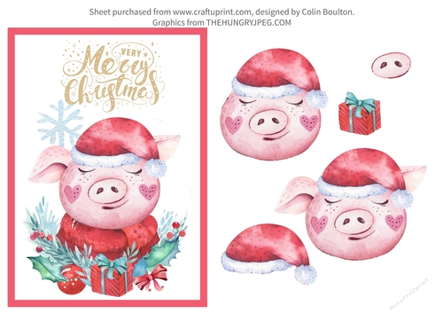 Pig Christmas Decoupage Card A4 Craft Sheet. 7 x 5