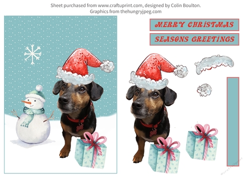 Dachshund Christmas Decoupage Card A4 Craft Sheet, 7 x 5 card topper.