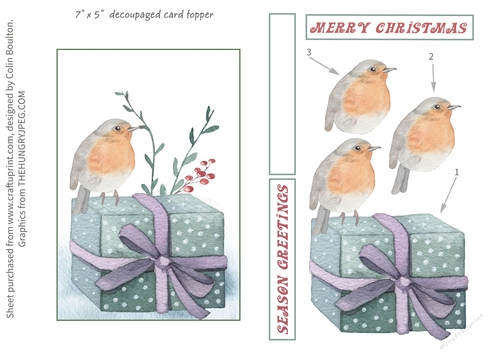 Robin on present Christmas Decoupage Card A4 Craft Sheet, 7 x 5 topper.
