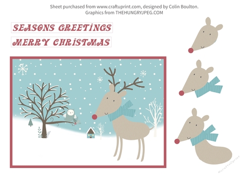 Reindeer Christmas Decoupage Card A4 Craft Sheet. 7 x 5