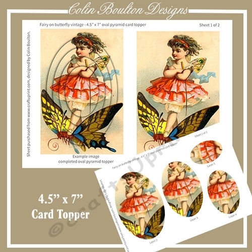 Fairy on Butterfly - vintage oval pyramid 4.5 x 7 card topper